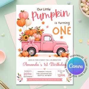 May include: A birthday invitation card featuring a pink pickup truck carrying pumpkins and sunflowers. The text reads Our Little Pumpkin is turning ONE, Amanda's 1st Birthday, November 20th, 10:00 AM to 12PM, at Amanda's House, 1158 Lockhaven Way, Seattle, WA 98101.