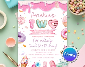 May include: A pink and white birthday invitation with the text "Amelie's Two Sweet 2nd Birthday!" featuring watercolor illustrations of donuts, cupcakes, and candy. The invitation includes event details and RSVP information.
