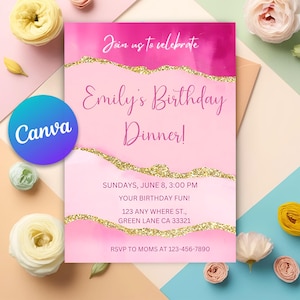 Faire-part d'anniversaire rose élégant, invitation tons de rose, invitation à un dîner, fête d'anniversaire rose, dîner d'anniversaire adulte, toile modifiable