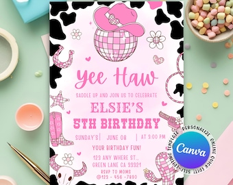 Invito per la festa di compleanno a tema cowgirl rosa, festa a tema cowgirl Yee Haw, festa a tema Nashville, invito di compleanno a tema cowgirl spaziale modificabile (modello Canva)