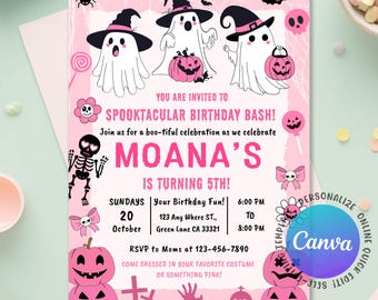 Halloween Pink Ghost Birthday Invitation, Cute Ghost Halloween Party, Girl Halloween Birthday, Hey Boo Ghost Party, Editable Canva Template
