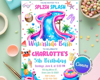 Waterslide Birthday Invitation, Water Slide Invitation, Splish Splash Summer Pool Party, Girl Splash Invitation Template, Editable Canva