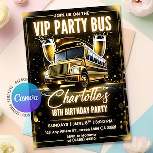 Puede incluir: Invitación dorada para una fiesta VIP en autobús, con el texto "Join us on the VIP Party Bus" y "18th Birthday Party de Charlotte". La invitación incluye detalles del evento e información de RSVP.