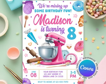 Invito di compleanno a tema pasticceria, invito di compleanno per bambina chef, festa di cucina, festa di pasticceria, festa di compleanno a tema cucina per bambina, modello Canva modificabile
