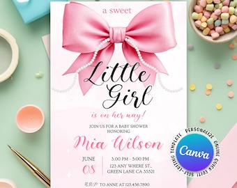 Bow Baby Shower Invitation, Girl Coquette Baby Shower Invite,  Coquette Bow Invitation, Pink Girl Baby Shower Invite, Editable Canva