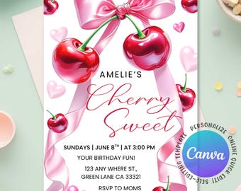May include: A white invitation card with a pink ribbon and cherries. The text reads "Amelie's Cherry Sweet" with event details. The Canva logo is visible. The design features pink hearts and cherries.