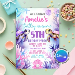 Sea Turtle Birthday Invitation, Under the Sea Birthday Invitation, Turtley Awesome Birthday, Under the Sea Turtle Invite, Editable Canva