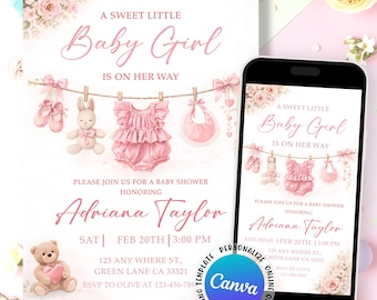 Invitación de ropa de bebé rosa para niña, invitación con tendedero floral rosa, baby shower de una niña dulce, Canva editable