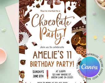 Invitación de cumpleaños con postres de chocolate, invitación para una dulce celebración, invitación para una fiesta de chocolate, fiesta de postres, fiesta dulce, Canva editable