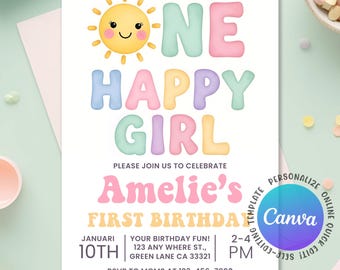 One Happy Girl Birthday Invitation, Rainbow Sunshine Girl First Birthday Invitation, Girl 1st Birthday, Sunshine Invitation, Editable Canva