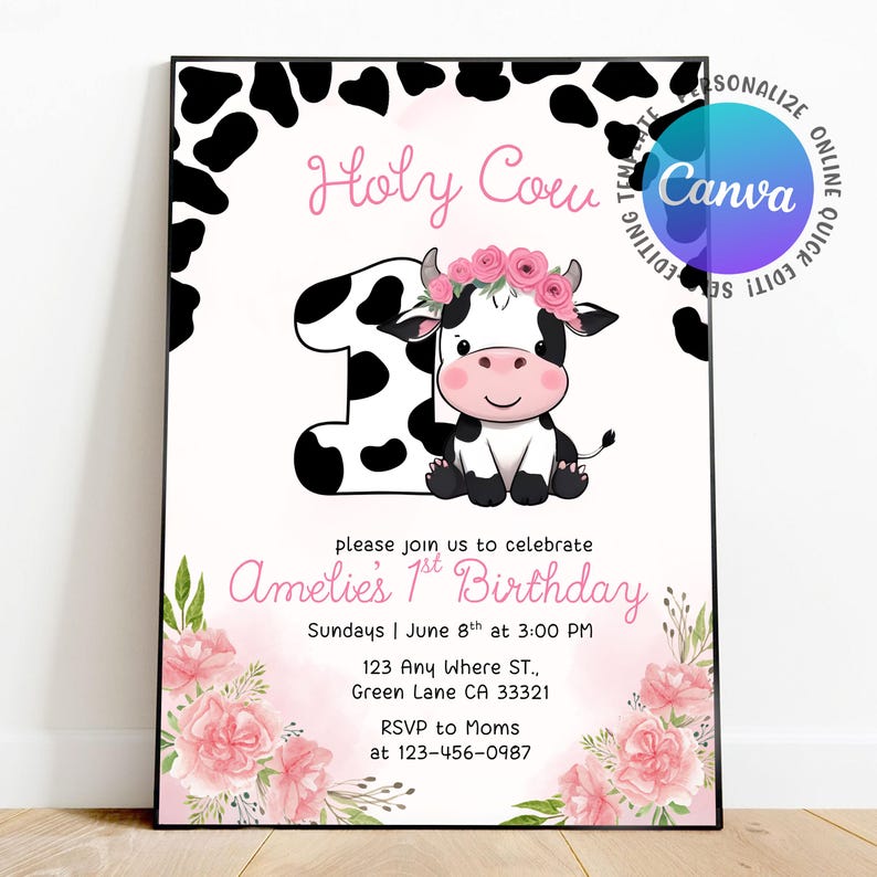 cow first birthday,cow birthday,Girl 1st Birthday,holy cow party evite,holy cow birthday,holy cow invite,ranch 1st birthday,holy cow invitation,cow invitation,moo moo birthday,cow first birthday,Cow evite,cow birthday,baby cow invitation,Editable Canva,Canva Template,farm birthday
