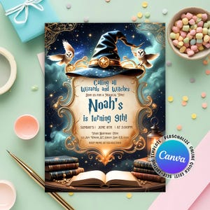 Magical Birthday Invitation, Wizards Witches Birthday Invitation, Magic School Wizardry Birthday Party Invite, Editable Canva Template
