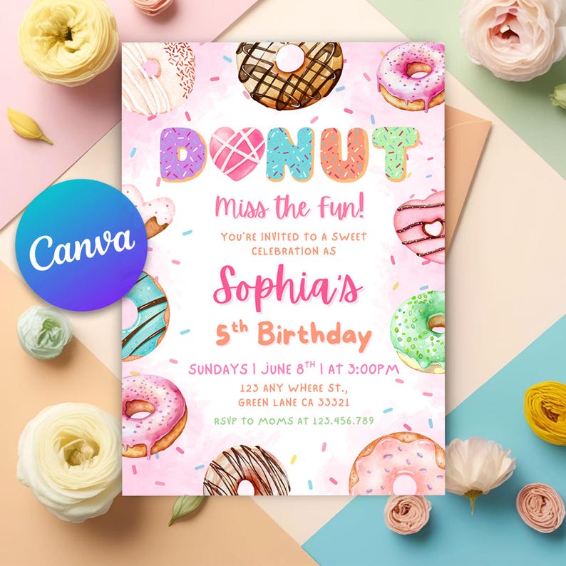 donut invitation,donut invite,donut invitations,donut invites,donut phone,donut invitation,donut evite,canva template,Editable Canva,girl invitation,sweet invitation,Sweet Celebration,Donut Party