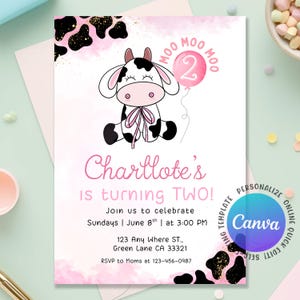 Heilige koe verjaardagsuitnodiging, heilige koe uitnodiging, heilige koe verjaardag uitnodigen, boerenfeest meisje, cowgirl uitnodiging bewerkbare canva-sjabloon