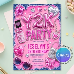 Op de afbeelding: Een Y2K-feestuitnodiging met roze folieballonnen die Y2K PARTY spellen, een roze klaptelefoon, hartvormige zonnebril, een zilveren tas en een vlinder. De tekst bevat: JOIN US TO CELEBRATE JESELYN'S 28TH BIRTHDAY SUNDAYS OCTOBER 20TH AT 5:00PM - 8:00PM 123 ANY WHERE ST., GREEN LANE CA 33321 RSVP TO EMILY AT 123-456-7890.
