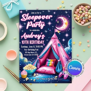 Sleepover Birthday Invitation, Sleepover Birthday Invitation for Girls, Slumber Party Birthday Invite, Pajama Party, Editable Canva Template