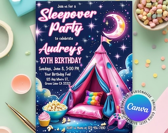 Sleepover Birthday Invitation, Sleepover Birthday Invitation for Girls, Slumber Party Birthday Invite, Pajama Party, Editable Canva Template