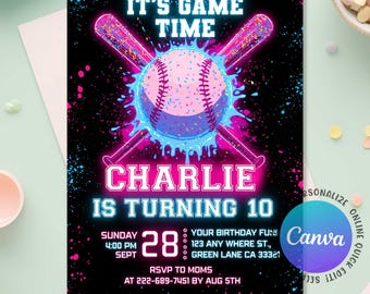 Baseball Ice Cream Drip Birthday Invitation, Baseball Drip Neon Party Invite,  Baseball Drip Invite, Ice Cream Drip Invite, Editable Canva