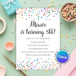 Faire-part d'anniversaire avec confettis colorés, invitation simple à une fête d'anniversaire colorée, carte d'anniversaire de confettis colorés pour enfant, modèle de toile modifiable