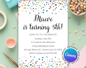 Colored Confetti Bday Invitation, Simple Colourful Birthday Party Invite, Colourful Confetti For Kids Birthday Card, Editable Canva Template