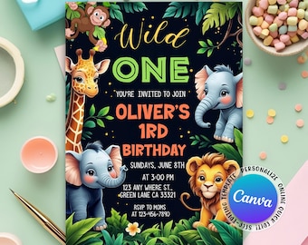 Invitación de primer cumpleaños con temática de safari, cumpleaños de un año salvaje, invitación de primer cumpleaños de un año salvaje, fiesta de primer cumpleaños con animales de la jungla, Canva editable