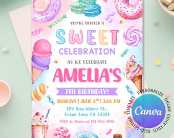 Sweets Candy Birthday Party Invitation Template, Candy Birthday Invitation, Sweet Celebration Invitation, Candy Invitation, Editable Canva