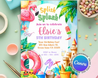 Splish Splash Birthday Invitation,  Beach Party Birthday Invitation, Summer Party Invitation, Pool Summer Party, Editable Canva Template