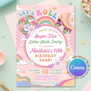 May include: Pink roller skate party invitation with a retro design. The invitation features a disco ball, rainbow, roller skate, and daisies. Text includes "Let's Roll", "Super Fun Roller Skate Party!", and details for Madison's 10th birthday.