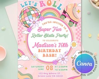 May include: Pink roller skate party invitation with a retro design. The invitation features a disco ball, rainbow, roller skate, and daisies. Text includes "Let's Roll", "Super Fun Roller Skate Party!", and details for Madison's 10th birthday.