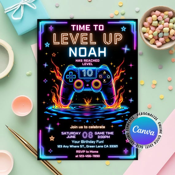 Video Game Birthday Invitation, Level Up Neon Gamer Party Invite (Digital Download)