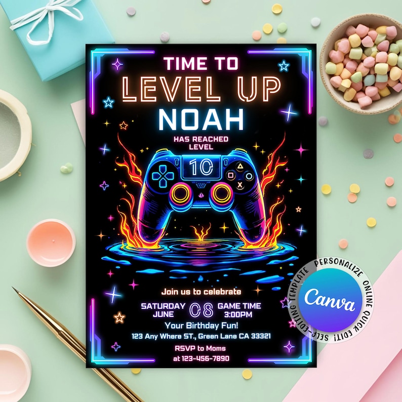 Arcade Invitation,Neon Gaming Invite,Neon Arcade Party,Game on Invitation,gamer invitation,Neon Video Game,Video Gamer Invite,Video Game Birthday,Video Game Invite,Gamer Party Invite,Level up Birthday,Glow Game Party,Invitation for Boys