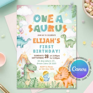 May include: A colorful birthday invitation with a dinosaur theme. The text reads "One A Saurus" and "Elijah's First Birthday!" with event details. Features illustrations of dinosaurs, volcanoes, and balloons. The invitation is designed with a watercolor style.
