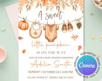 Little Pumpkin Baby Shower Invitation, Baby Clothes Pumpkin Baby Shower Invite, Autumn Baby Shower Invite, Fall Baby Shower, Editable Canva