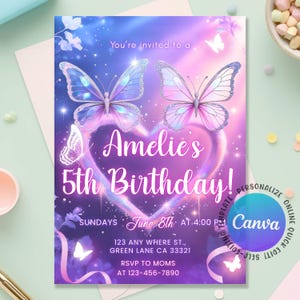 May include: A birthday party invitation with a purple and blue gradient background. The invitation features two butterflies and the text "Amelie's 5th Birthday!" in white. Additional text includes the date, time, and RSVP information.