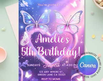 May include: A birthday party invitation with a purple and blue gradient background. The invitation features two butterflies and the text "Amelie's 5th Birthday!" in white. Additional text includes the date, time, and RSVP information.