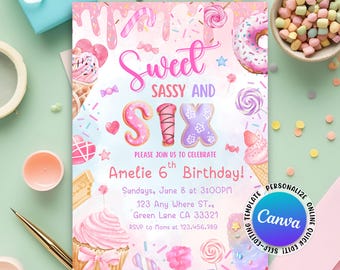 Sweet Sassy and Six Invitation, 6th Girl Birthday Invitation, Sweet Six Invitation, Sweets Dessert Donut Candy, Canva Editable Template