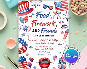 Invitación a barbacoa del 4 de julio, invitación a barbacoa del Día de la Independencia, comida, amigos y fuegos artificiales del 4 de julio, invitación a fiesta en EE. UU., editable en Canva.