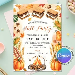 Könnte beinhalten: Herbstparty-Einladung mit Aquarellillustrationen von Kürbissen, S'mores, Eicheln und Herbstblättern. Die Einladung enthält den Text "Let's Get Together Fall Party" und Veranstaltungsdetails. Das Design ist eine online personalisierbare Vorlage.