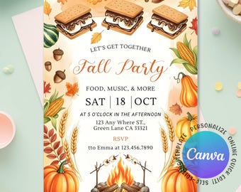 May include: Fall party invitation with watercolor illustrations of pumpkins, s'mores, acorns, and fall leaves. The invitation includes the text "Let's Get Together Fall Party" and event details. The design is a template that can be personalized online.