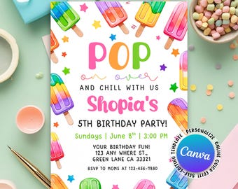 Popsicle-Geburtstagseinladung, Eis-Geburtstags-Einladung, Mädchen-Popsicle-Party, Pop-On-Over-Chill mit uns Sommerparty, bearbeitbare Canva
