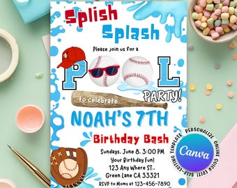 Baseball Pool Birthday Invitation, Baseball Pool Party Invite, Baseball Invitation, Kids Birthday Summer Pool Party Editable Canva Template