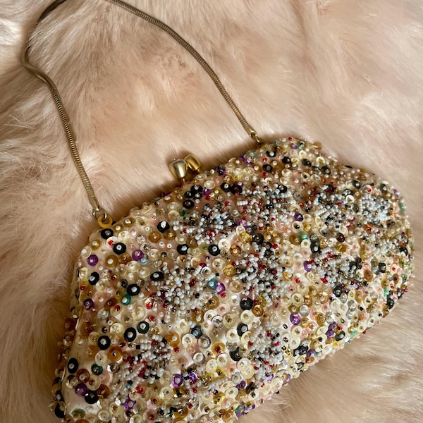 Vintage Funfetti/Confetti Multi-Coloured Rainbow Purse Clutch Handbag 1950s Hand Beaded Hong Kong