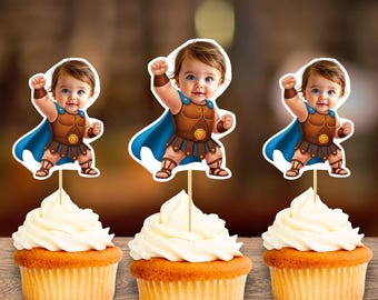 Adornos para cupcakes personalizados con la cara de Bebé Hércules, primer cumpleaños