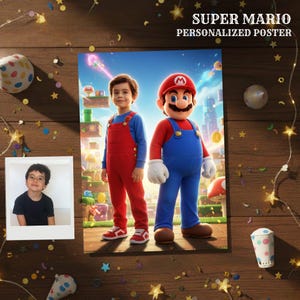 Könnte beinhalten: Ein personalisiertes Super Mario-Poster mit einem jungen Jungen und der Figur Mario. Das Poster hat einen blauen Himmelshintergrund und den Text "SUPER MARIO PERSONALIZED POSTER" oben. Ein Foto des Jungen befindet sich in einem weißen Rahmen.