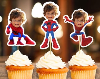 Set de adornos para cupcakes de cumpleaños de Spider-Man / 4 diseños / Decoración personalizada para fiesta de superhéroes / Descarga digital personalizada