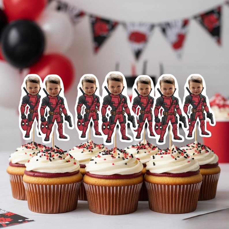 Deadpool Personalized Birthday Face Cupcake Toppers image 3
