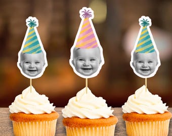 Adornos para cupcakes con cara personalizada de sombrero de fiesta de cumpleaños