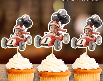 Race Car Personalized Face Cupcake Topper, Speedway Photo Face, First Birthday