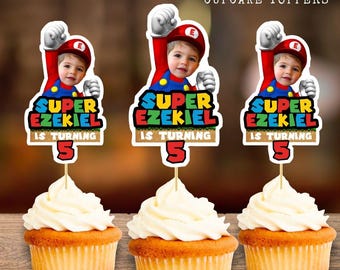 Super Mario Personalized Face Cupcake Toppers, Birthday Party Decor