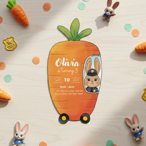 Zootopia Birthday Invitation, Bunny Police Car Theme, Canva Editable Template image 1